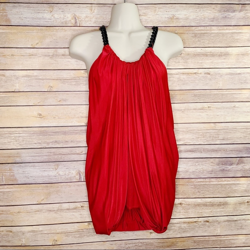 Yigal Azrouel Red Draped Sleevelesss Top Chunky Chain Detail Holiday - Picture 3 of 11